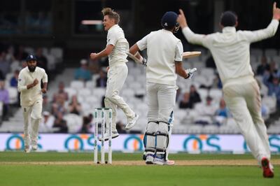 LONDON, ENGLAND - SEPTEMBER 11:  Sam Curran of England celebrates after dismissing Ishant Sharma of India during the Specsavers 5th Test - Day Five between England and India at The Kia Oval on September 11, 2018 in London, England.  (Photo by Mike Hewitt/Getty Images)