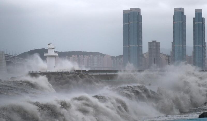 High waves caused by Typhoon Haishen crash at seawall in Busan, South Korea. Reuters