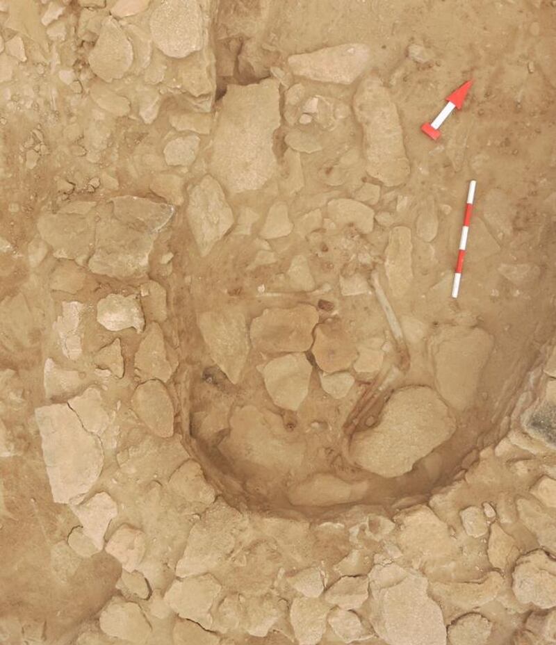 Aerial view of the human skeleton found in Room 2 at site MR11, Marawah Island.