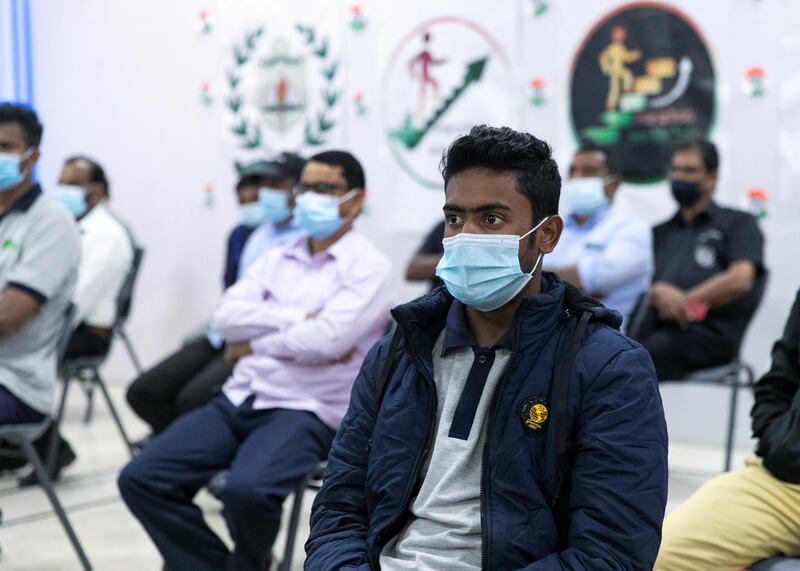 DUBAI, UNITED ARAB EMIRATES. 20 JANUARY 2020. 
Crowds at Delhi Private School where  V. Muraleedharan, India’s Minister of State for External Affairs addressed workers about a program thathas been launched to help blue collar workers learn soft skills and language.
(Photo: Reem Mohammed/The National)

Reporter:
Section: