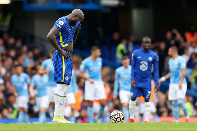 Chelsea's Romelu Lukaku looks dejected after the City goal. Getty