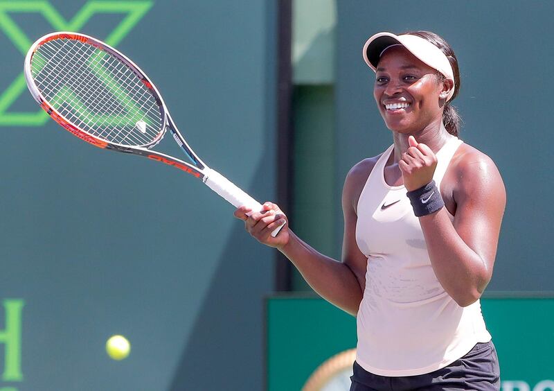 epa06639557 Sloane Stephens of the US reacts after defeating Jelena Ostapenko of Latvia during the women's final round round match at the Miami Open tennis tournament on Key Biscayne, Miami, Florida, USA, 31 March 2018.  EPA/ERIK S. LESSER