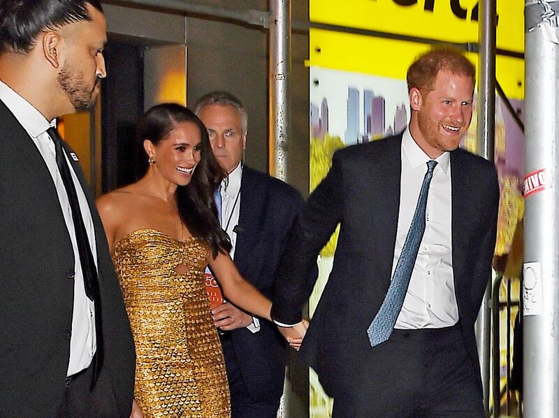 Meghan, Duchess of Sussex and Prince Harry leave the New York City gala on Tuesday night. GC Images