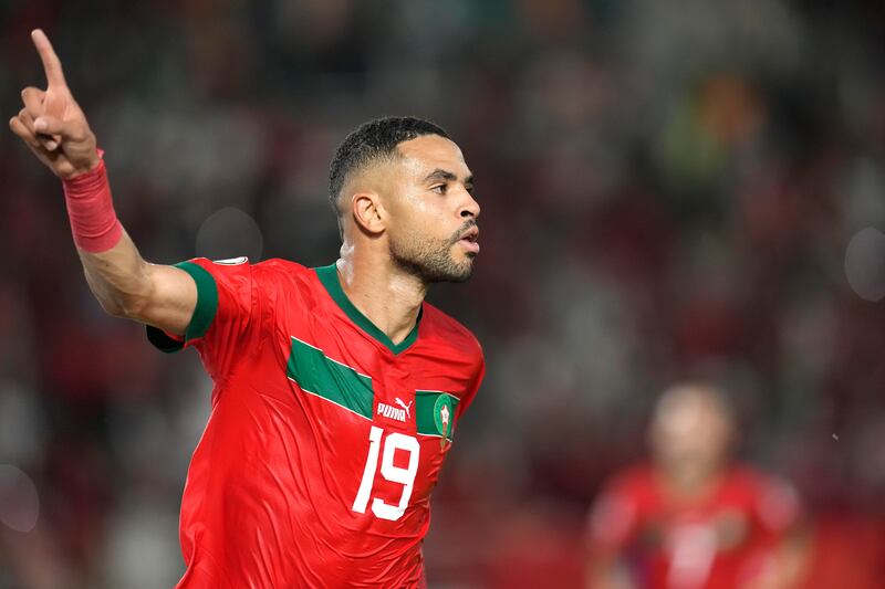 Youssef En-Nesyri celebrates after scoring Morocco's third goal against Tanzania. AP