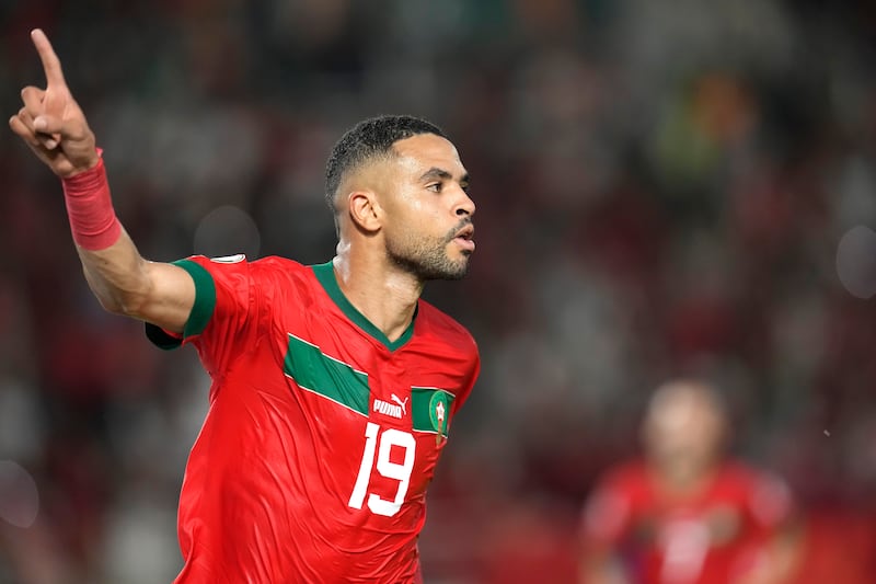 Youssef En-Nesyri celebrates after scoring Morocco's third goal against Tanzania. AP