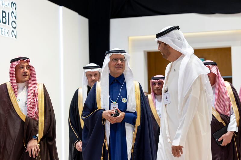 Dr Sultan Al Jaber, right, Minister of Industry and Advanced Technology Group, chief executive of Adnoc and chairman of Masdar, receives Prince Abdulaziz bin Salman, Saudi Arabia’s Minister of Energy. Photo: Presidential Court