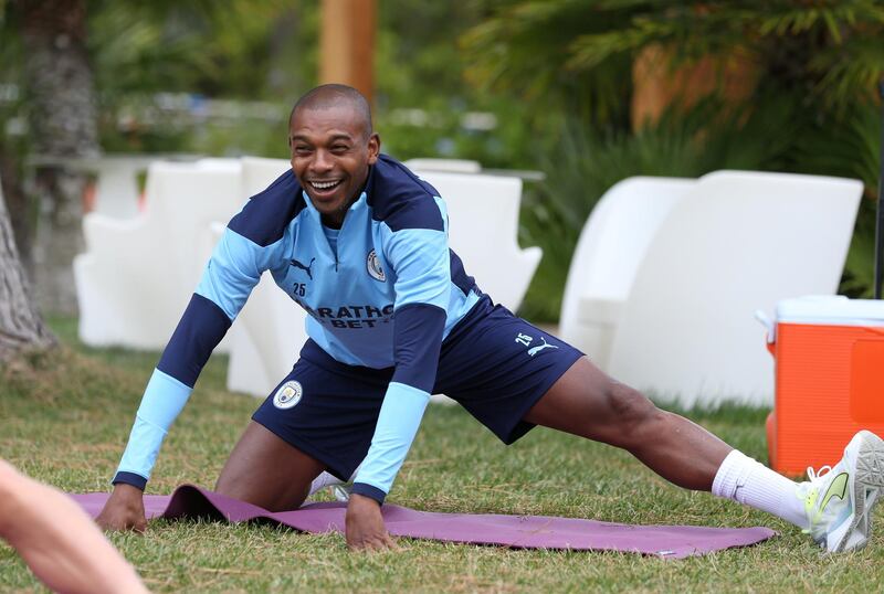 LISBON, PORTUGAL - AUGUST 11: Fernandinho of Manchester City takes part in a stretching session in the build up to the UEFA Champions League Quarter Final match at the team hotel on August 11, 2020 in Lisbon, Portugal. (Photo by Victoria Haydn/Manchester City FC via Getty Images)