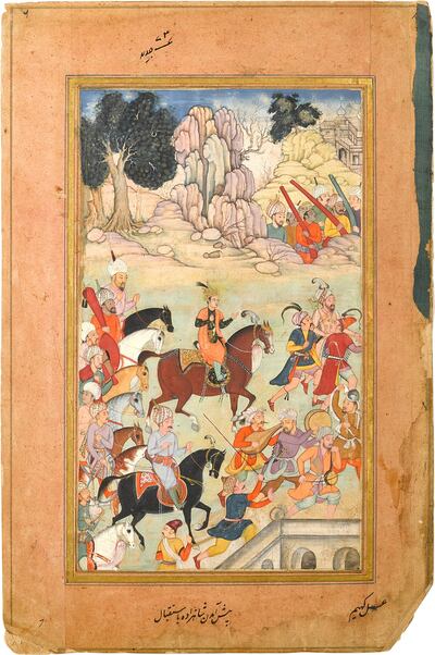 Mughal, attributed to the artist Khem
A folio from an Akbarnama, A prince on horseback with his entourage, India, circa 1595-1600. Photo: Sotheby's