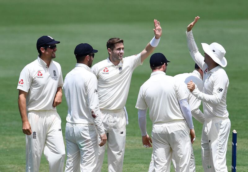 TOWNSVILLE, AUSTRALIA - NOVEMBER 15:  Chris Woakes (3rd left) of England celebrates after taking the wicket of Ryan Gibson of CA XI during the four day tour match between Cricket Australia XI and England at Tony Ireland Stadium on November 15, 2017 in Townsville, Australia.  (Photo by Ian Hitchcock/Getty Images)