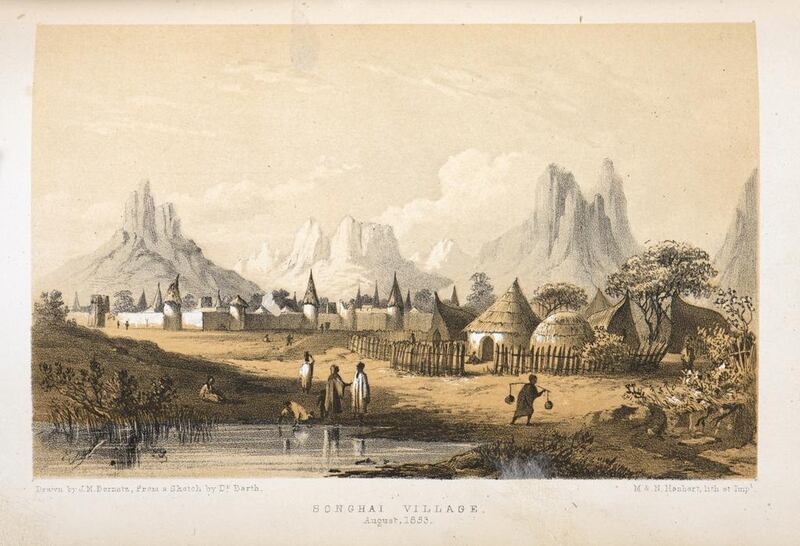 Picture of the Songhai village I’sé, located in modern-day central Mali, based on a sketch by Heinrich Barth, published c.1857-58 and on display in West Africa: Word, Symbol, Song. Image courtesy of British Library 