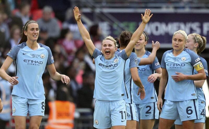 Manchester City’s Izzy Christiansen, centre, celebrates scoring against Birmingham City during the Women’s FA Cup final. Adam Davy / PA