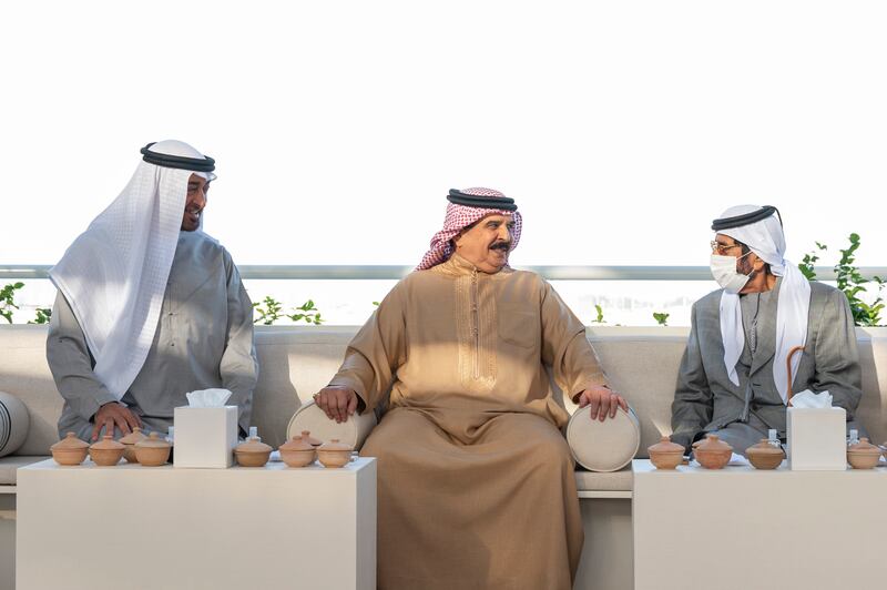 Sheikh Mohamed bin Zayed speaks with King Hamad during a barza, or high-level forum, at the palace, in Abu Dhabi. With them is Sheikh Tahnoon bin Mohamed, Ruler’s Representative in Al Ain Region.
