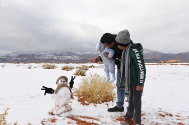 Heavy snowfall on the heights of Jebel Al-Lawz in Tabuk. SPA