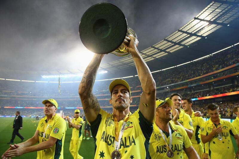 MELBOURNE, AUSTRALIA - MARCH 29:  Mitchell Johnson of Australia of Australia celebrates during the 2015 ICC Cricket World Cup final match between Australia and New Zealand at Melbourne Cricket Ground on March 29, 2015 in Melbourne, Australia.  (Photo by Ryan Pierse/Getty Images)