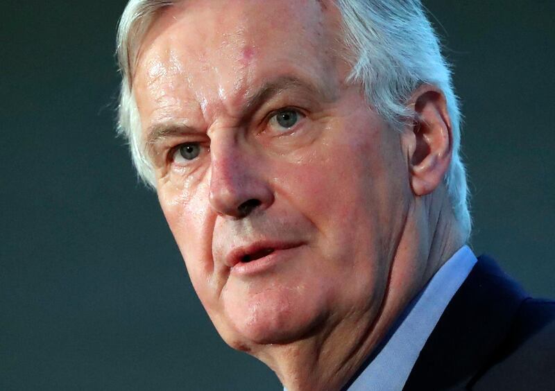 EU's chief Brexit negotiator Michel Barnier faces the media during the All-Ireland Civic Dialogue conference on Brexit, in Dundalk, Ireland, Monday April 30, 2018.  Barnier is conducting two days of talks about Britain's split with the European Union, Brexit, to assess the situation on both sides of the border between northern and southern Ireland. (Niall Carson/PA via AP)