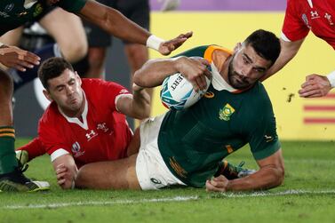 Damian de Allende crashes over for a try in South Africa's 19-16 win over Wales at the Rugby World Cup. Reuters