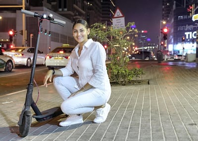 Dubai, United Arab Emirates, August 1, 2019.  Genesis Martinez, owner of an e-scooter at Dubai.   
Victor Besa/The National
Section:  NA
Reporter:  Haneen Dajani