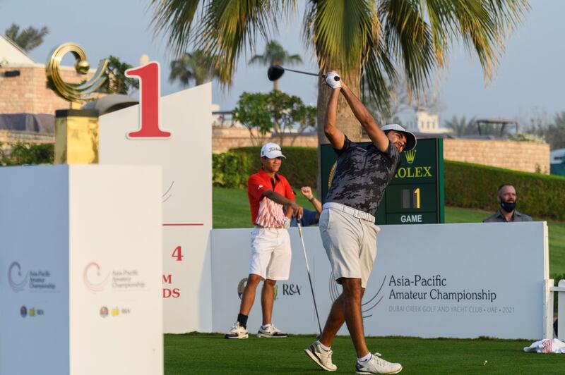 UAE golfer Ahmad Skaik tees off during Round 1 of the Asia-Pacific Championship at the Dubai Creek Golf and Yacht Club.