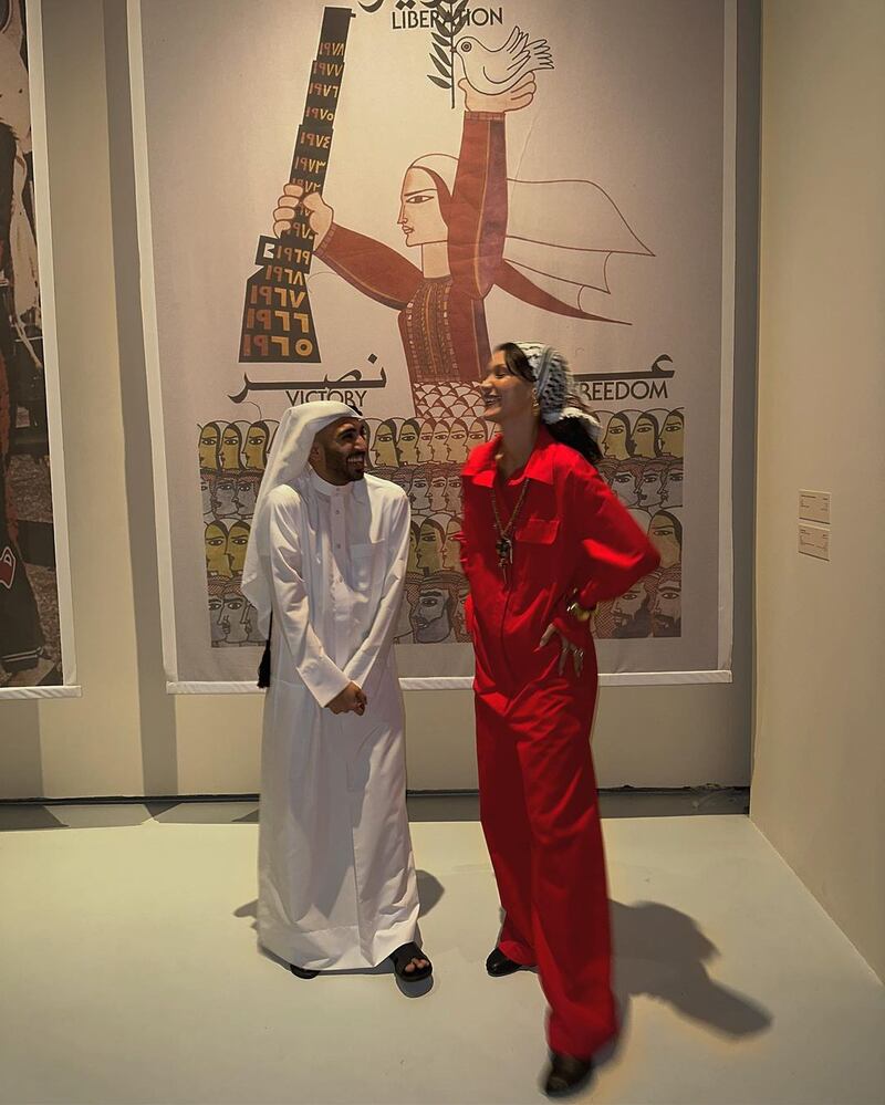 Bella Hadid at the Palestine exhibition Labour of Love in Doha. Photo: Bella Hadid/ Instagram
