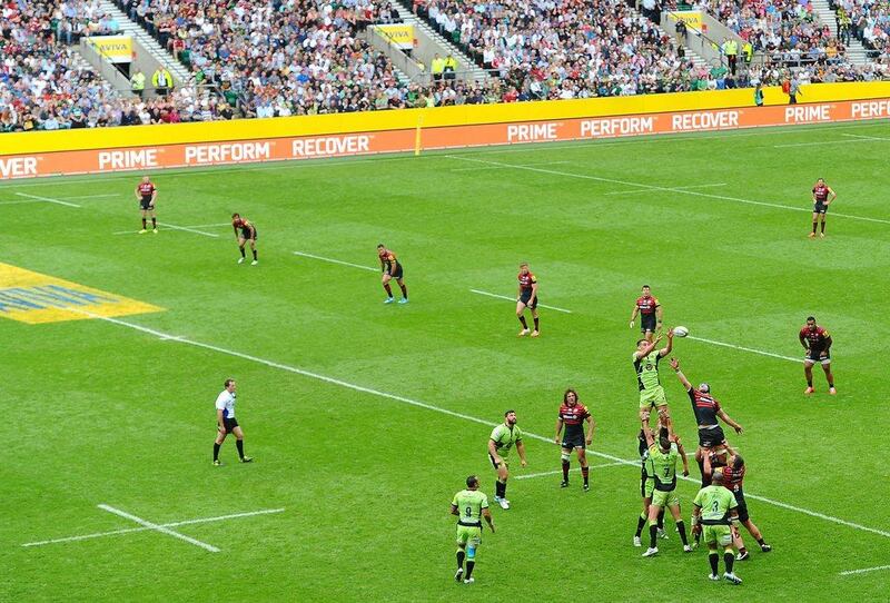 General view of the action during Saturday's Aviva Premiership final between Northampton Saints and Saracens at Twickenham Stadium. Tom Dulat / Getty Images / May 31, 2014