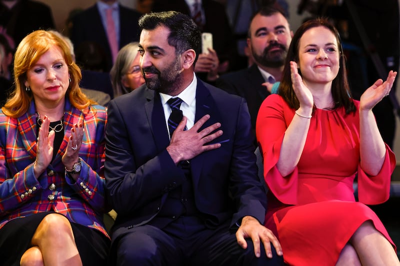 Humza Yousaf reacts as the announcement of his election as new leader of the SNP is announced, at Murrayfield in Edinburgh, Scotland. Getty Images