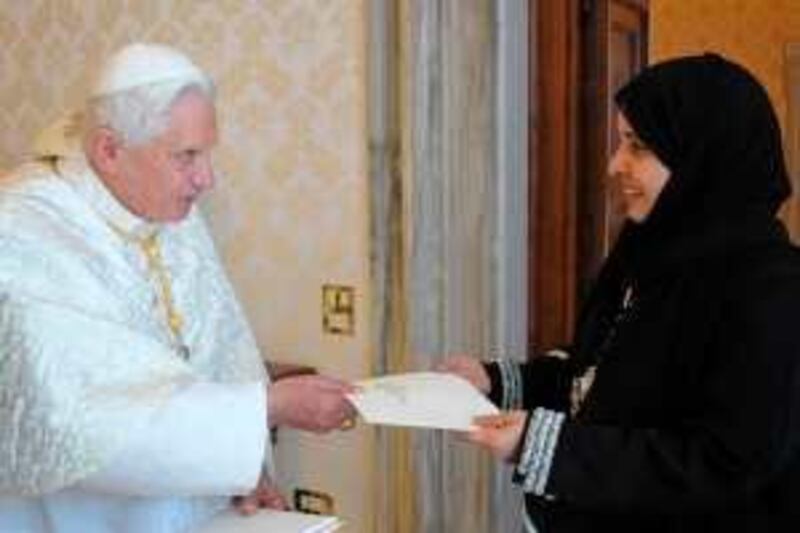 In this photo provided by the Vatican newspaper L'Osservatore Romano, Pope Benedict XVI receives the credentials of Hissa  Abdullah Ahmed Al-Otaiba, the first ambassador of the United Arab Emirates to the Holy See, at the Vatican, Thursday, May 20, 2010. (AP Photo/L'Osservatore Romano, ho) ** EDITORIAL USE ONLY **  *** Local Caption ***  VAT106_Vatican_Mideast_UAE_Ambassador.jpg
