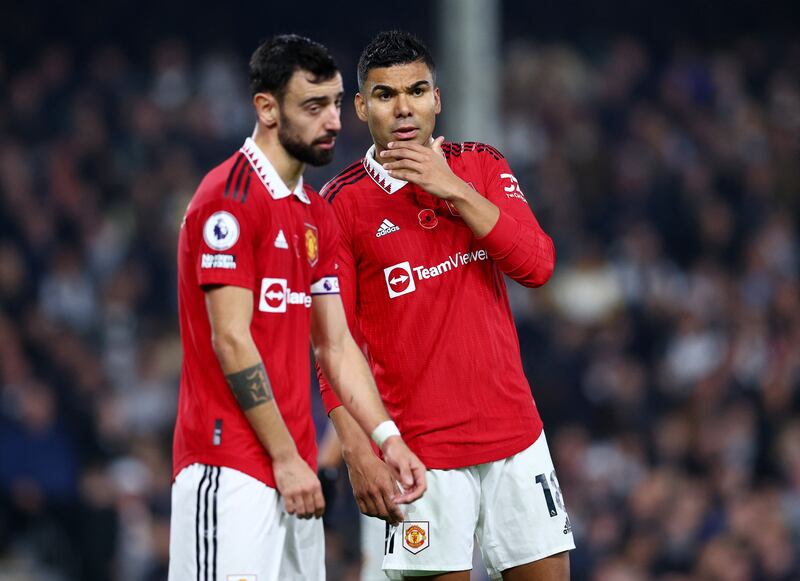 Manchester United's Casemiro, right speaks to Bruno Fernandes during the match. Reuters