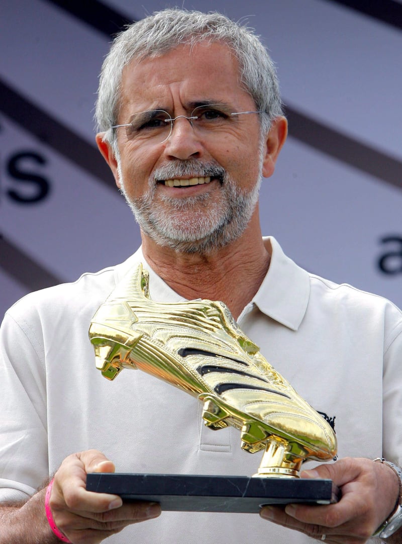 Gerd Muller holds a Golden Boot award for the top goalscorer at the 2006 World Cup in Germany.