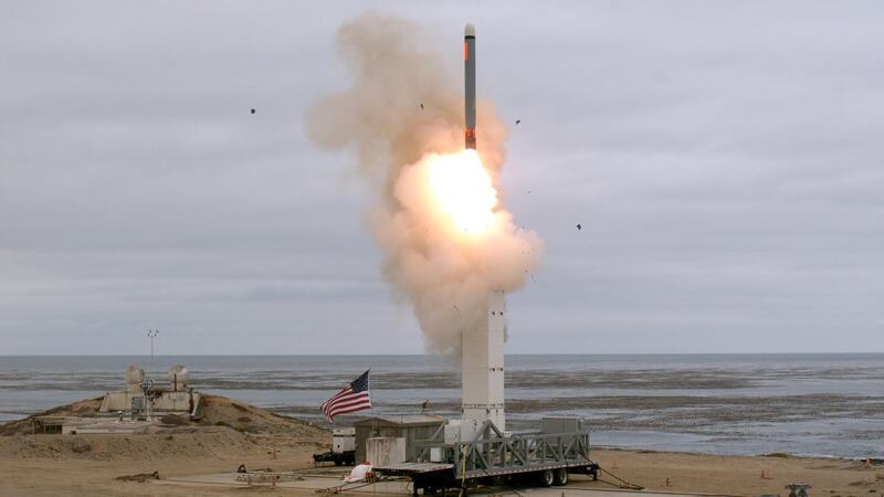 epa07781765 A handout photo made available by the US Department of Defense (DOD) shows a flight test of a conventionally configured ground-launched cruise missile at San Nicolas Island, California, USA, at 2:30 p.m. Pacific Daylight Time on 18 August 2019 (issued 20 August 2019). The Pentagon announced that the US military has conducted a flight test of a conventionally-configured ground-launched cruise missile, a type of missile which was banned for more than 30 years by the now expired US-Russia INF treaty. The test missile exited its ground mobile launcher and accurately impacted its target after more than 500 kilometers of flight. Data collected and lessons learned from this test will inform DOD's development of future intermediate-range capabilities.  EPA/SCOTT HOWE/US DEPARTMENT OF DEFENSE HANDOUT  HANDOUT EDITORIAL USE ONLY/NO SALES