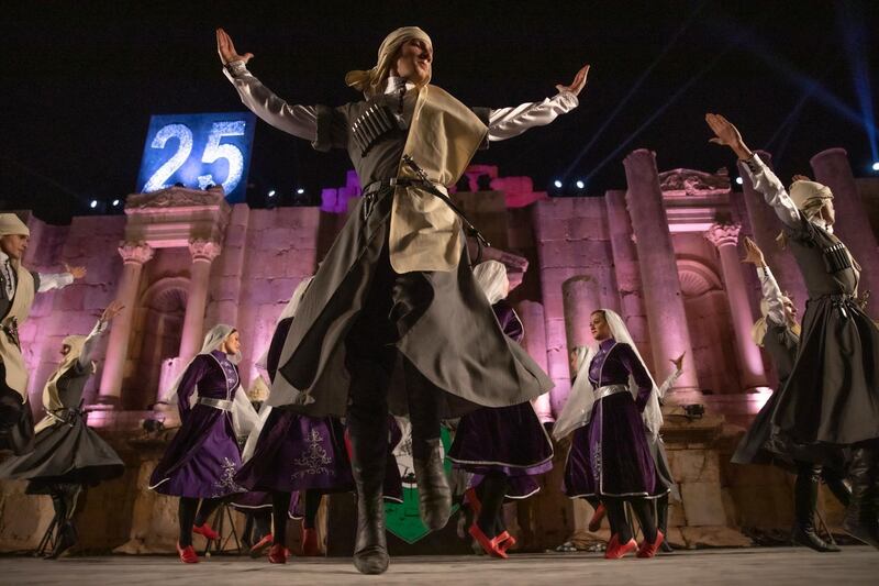 Circassian dancers from Al-Jeel Al-Jadeed Club (the New Generation Club) perform during the 2019 Jerash Festival of Culture and Arts at the Jerash archeological site, Jerash, some 46 km North of Amman, Jordan.  EPA