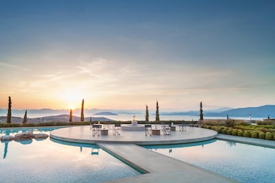 Amanzoe, Greece - Resort, Main Terrace, Fire pit