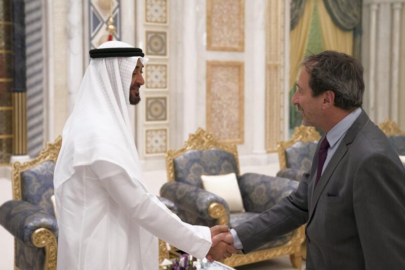 ABU DHABI, UNITED ARAB EMIRATES - May 20, 2018: HH Sheikh Mohamed bin Zayed Al Nahyan Crown Prince of Abu Dhabi Deputy Supreme Commander of the UAE Armed Forces (L), receives HE Fernando Ramon de Martini, Ambassador of Argentina to the UAE (R), during an iftar reception at the Presidential Palace. 

( Hamad Al Kaabi / Crown Prince Court - Abu Dhabi )
---