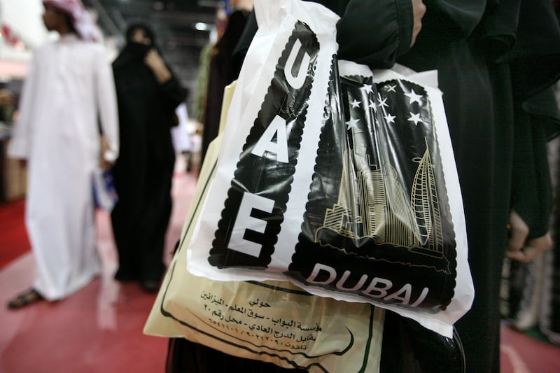 Abu Dhabi - September 16, 2008: Shopping bags full of merchandise at the Exhibitions Center in Abu Dhabi September 16, 2008. ( Jeff Topping / The National )