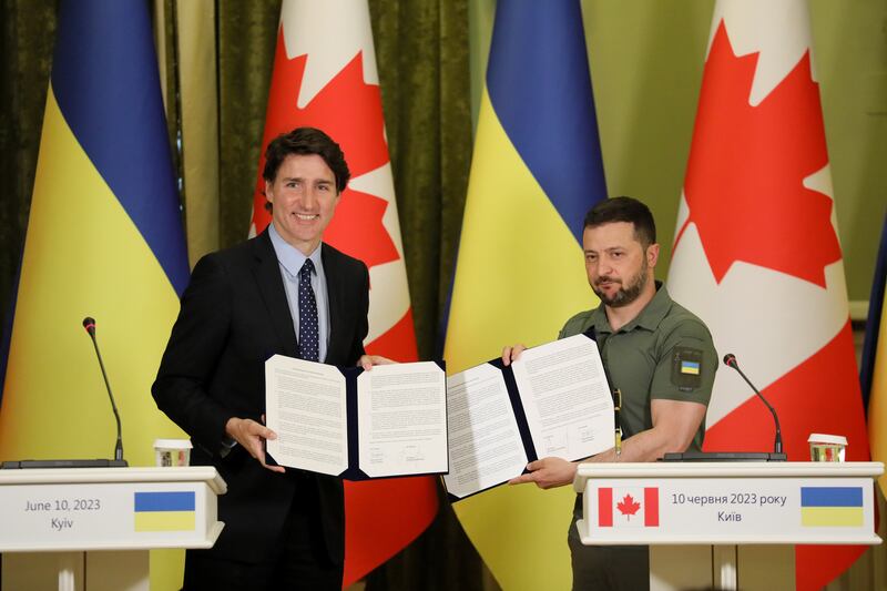 Ukraine's President Volodymyr Zelenskyy and Canada's Prime Minister Justin Trudeau met in Kyiv on Saturday. EPA