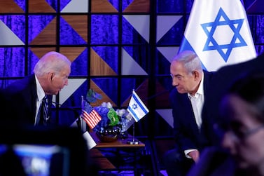 FILE PHOTO: U. S.  President Joe Biden has demonstrated unwavering support for Israel's security over a half century in public life.  In this photo, Biden attends a meeting with Israeli Prime Minister Benjamin Netanyahu, as he visits Israel amid the ongoing conflict between Israel and Hamas, in Tel Aviv, Israel, October 18, 2023.  REUTERS / Evelyn Hockstein /  / File Photo