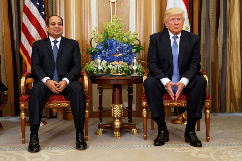 FILE - In this May 21, 2017 file photo, U.S. President Donald Trump, right, holds a bilateral meeting with Egyptian President Abdel Fattah al-Sisi in Riyadh. Egyptâ€™s Foreign Ministry has cancelled a meeting with senior White House advisor Jared Kushner after the U.S. announced aid cuts and delays to Egypt earlier. Kushner arrived on Wednesday, Aug. 23, 2017 on top of U.S. delegation that includes Jason Greenblatt, envoy for international negotiations, and Dina Powell, deputy national security adviser to discuss the possibility of resuming the Israeli-Palestinian peace process. (AP Photo/Evan Vucci, File)