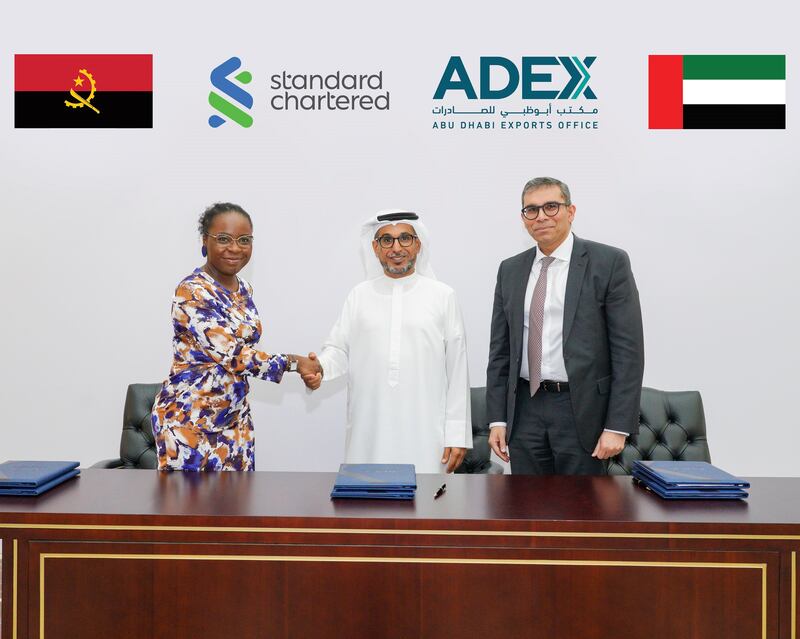 The agreements were signed by Mohamed Al Suwaidi, Angola’s Finance Minister Vera De Sousa (L) and Faruq Muhammad (R) of Standard Chartered. Photo: Adex
