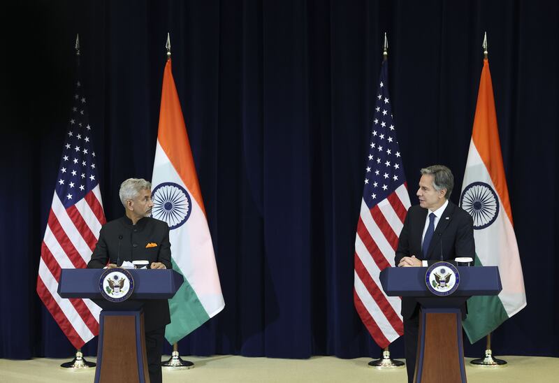 Indian Foreign Minister Subrahmanyam Jaishankar, left, met the US Secretary of State Antony Blinken during his 11-day trip to the US. He raised the issue of the backlog of US visas for Indians post the pandemic. Getty Images / AFP