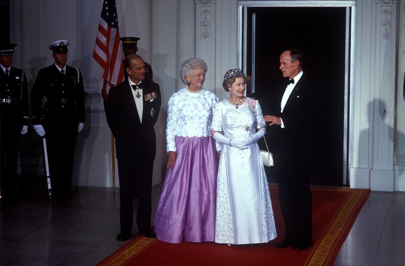 The queen made a state visit to the US White House and was received by then-president George HW Bush and his wife Barbara Bush, along with Prince Philip, in May 1991. Getty Images