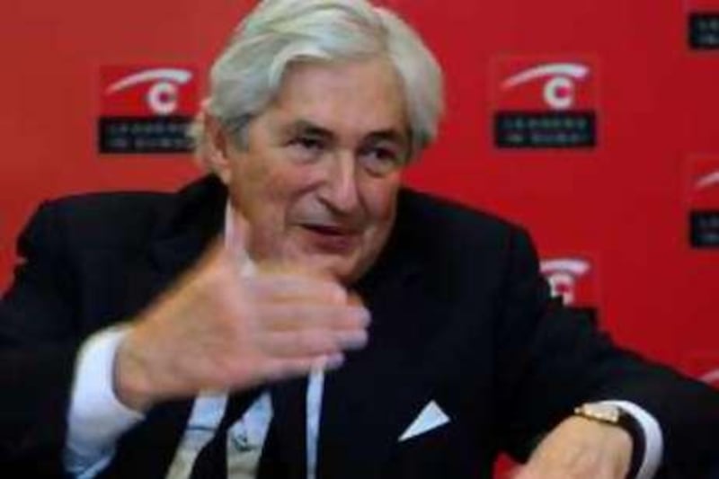 DUBAI-NOVEMBER 16,2008 - Mr James Wolfensohn , former President of the World Bank gestures during press briefing  on the Leaders in Dubai Business forum held at Convention Center in Dubai. ( Paulo Vecina/The National) *** Local Caption ***  PV James 2.JPG