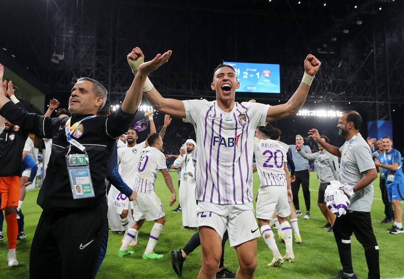 Al Ain's Soufiane Rahimi celebrates after his side reached the AFC Champions League final. The UAE club lost the semi-final second leg against Al Hilal 2-1 at the Kingdom Arena in Riyadh  but went through 5-4 on aggregate. All photos: Chris Whiteoak / The National