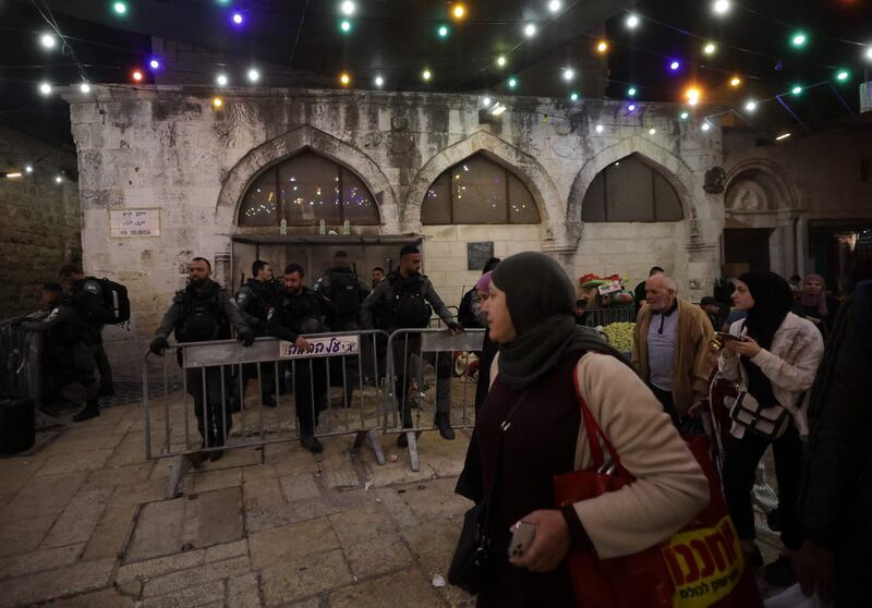 Israeli security forces stand outside Al Aqsa mosque. AFP