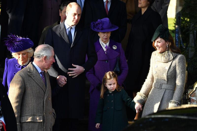 From left: Britain's Camilla, Duchess of Cornwall, Britain's Prince Charles, Prince of Wales, Britain's Prince William, Duke of Cambridge, Britain's Princess Anne, Princess Royal, Britain's Princess Charlotte of Cambridge and Britain's Catherine, Duchess of Cambridge, leave after the Royal Family's traditional Christmas Day service at St Mary Magdalene Church. AFP