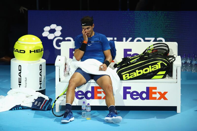 LONDON, ENGLAND - NOVEMBER 13:  Rafael Nadal of Spain looks dejected in his Singles match against David Goffin of Belgium during day two of the Nitto ATP World Tour Finals at O2 Arena on November 13, 2017 in London, England.  (Photo by Clive Brunskill/Getty Images)
