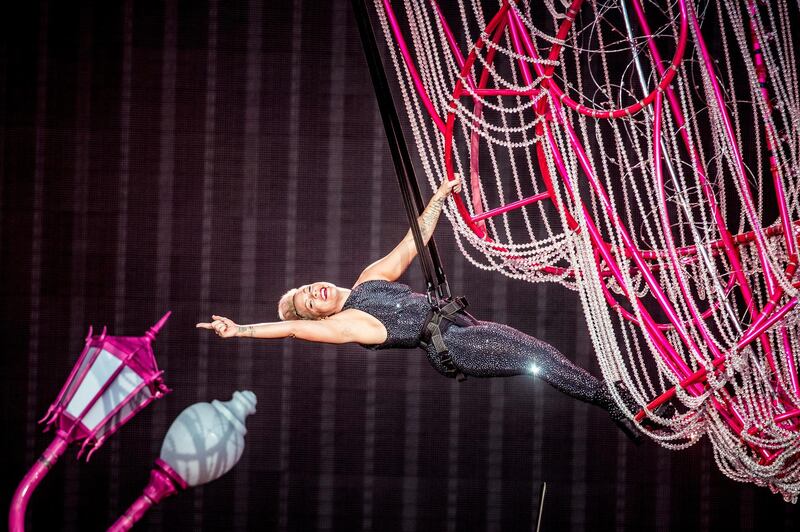 Pink performs during "Beautiful Trauma World Tour 2019" in Horsens, Denmark.  AP