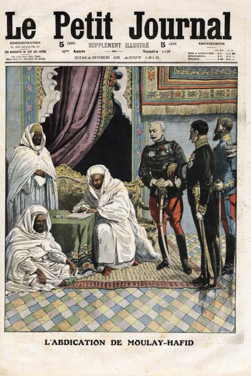 Abdication of Sultan Mulay Abdelhafid of Morocco (1875-1937), on 12 August 1912, Frontpage of French newspaper Le Petit Journal, August 25, 1912, Private Collection, (Photo by Leemage/UIG via Getty Images)