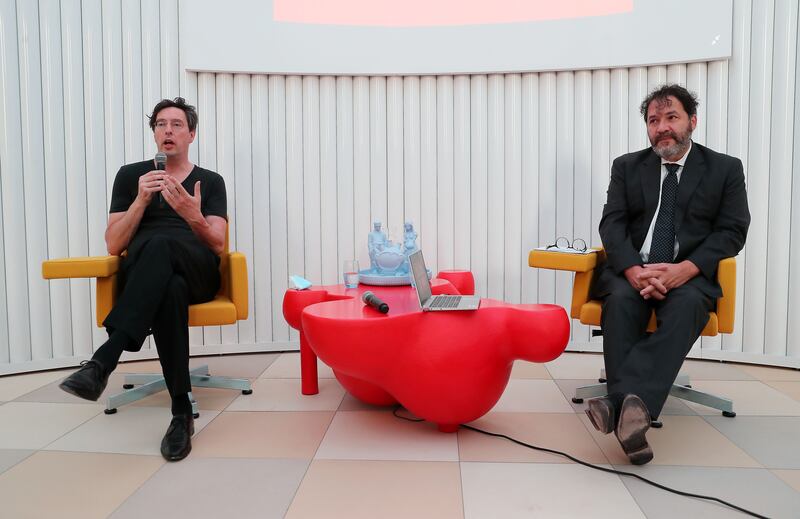 Michiel Raaphorst, co-founder of V8 Architects and Carel  Richter, commissioner general, Netherlands Pavilion talk to the media at the Netherlands pavilion at the Expo 2020 site in Dubai. Pawan Singh / The National