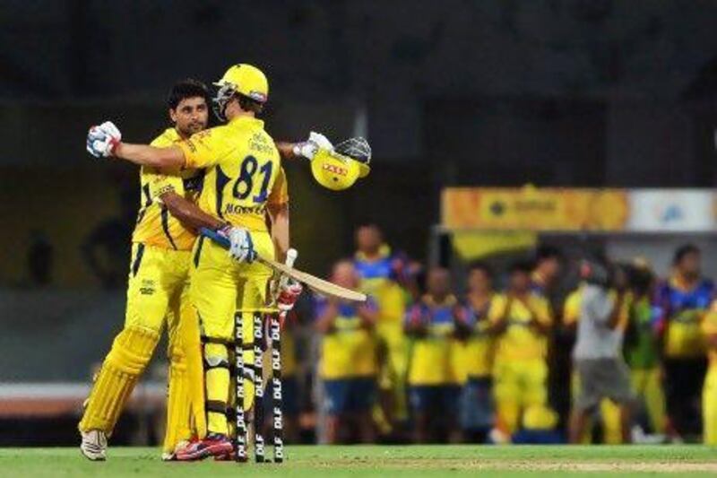 Murali Vijay, left, made up for a lacklustre regular season by scoring a match-winning century at the MA Chidambaram Stadium last night to knock the Delhi Daredevils out of the IPL play-offs and put Chennai in the final against the Kolkata Knight Riders.