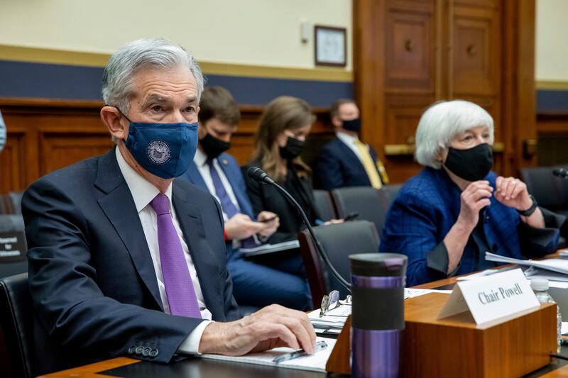 Federal Reserve Chairman Jerome Powell and Treasury Secretary Janet Yellen speak to a House Committee on Financial Services on Capitol Hill. AP