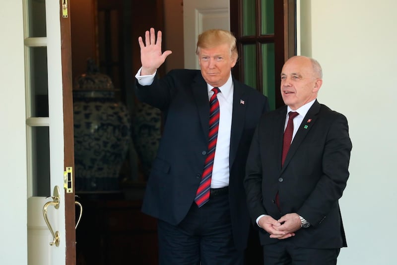 President Donald Trump welcomes Switzerland's Federal President Ueli Maurer to the White House, Thursday, May 16, 2019, in Washington. (AP Photo/Andrew Harnik)